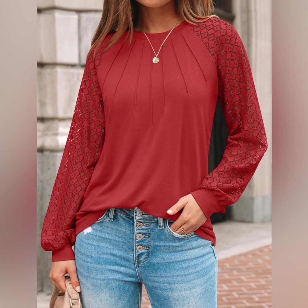 Elegant Red Lace Sleeve Top Large - Picture 2 of 6